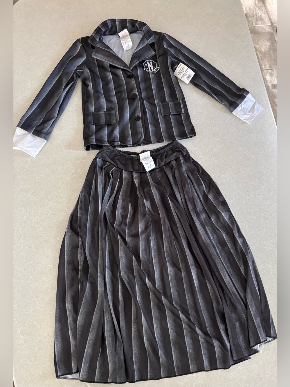 Wednesday Addams Girls Black & Gray Striped Two-Piece Costume Jacket and Skirt
